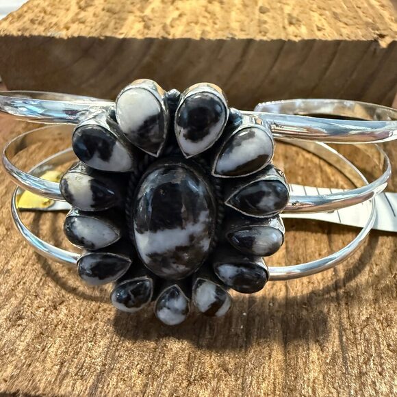 White Buffalo Dahlia Turquoise Adjustable Sterling Cuff - Picture 2 of 8